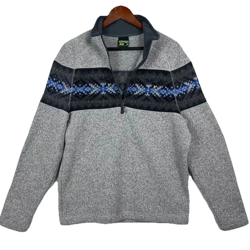 Koppen Pullover 1/4 Zip Sweater Fleece Men M Fair Isle Nordic Gray Blue GORP